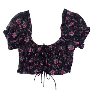 Poster Grl Size Small Cherry Chain Print Tie Up Front Babydoll Top Blouse Sheer